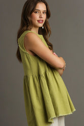 Umgee Full Size Raw Hem Linen Round Neck Sleeveless Top Plus Size OutfitFlow